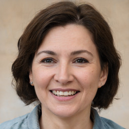 Joyful white adult female with medium  brown hair and brown eyes