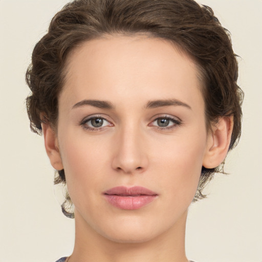 Neutral white young-adult female with short  brown hair and brown eyes