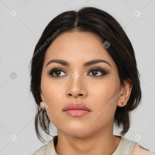 Neutral asian young-adult female with medium  black hair and brown eyes