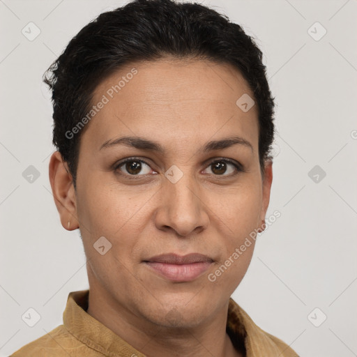 Joyful white adult female with short  brown hair and brown eyes