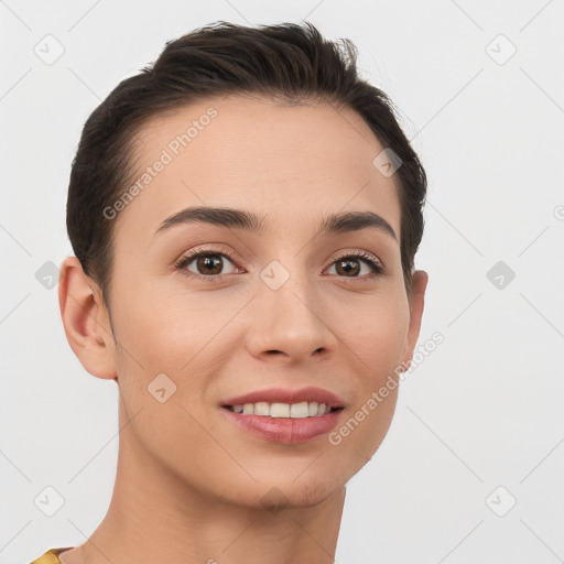 Joyful white young-adult female with short  brown hair and brown eyes