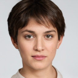 Neutral white young-adult female with short  brown hair and brown eyes