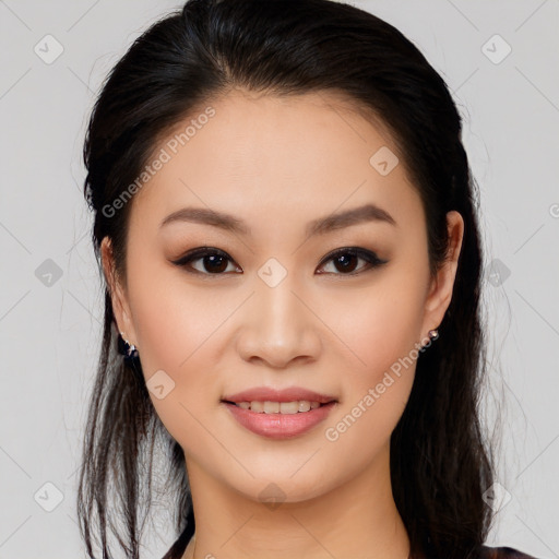 Joyful white young-adult female with medium  brown hair and brown eyes