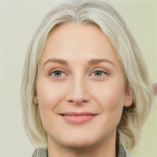 Joyful white young-adult female with long  blond hair and green eyes