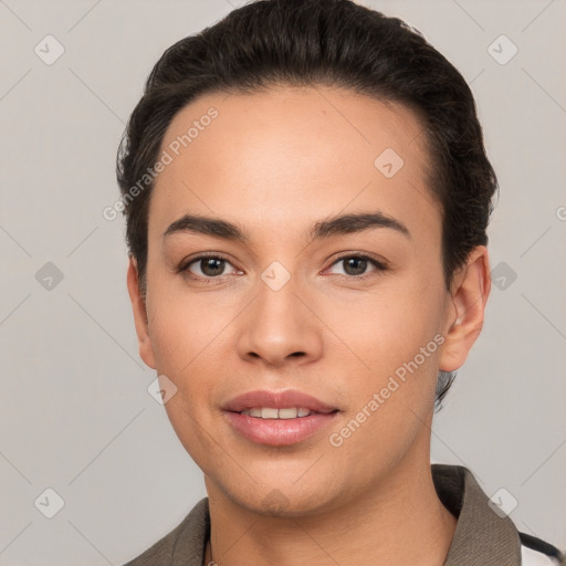 Joyful white young-adult female with short  brown hair and brown eyes