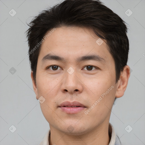 Neutral asian young-adult male with short  brown hair and brown eyes