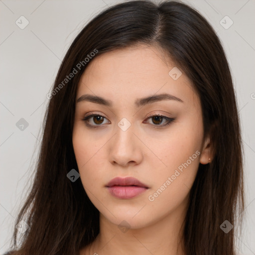 Neutral white young-adult female with long  brown hair and brown eyes