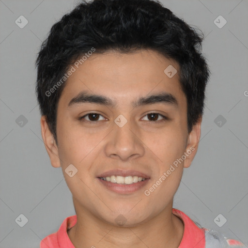 Joyful latino young-adult male with short  brown hair and brown eyes