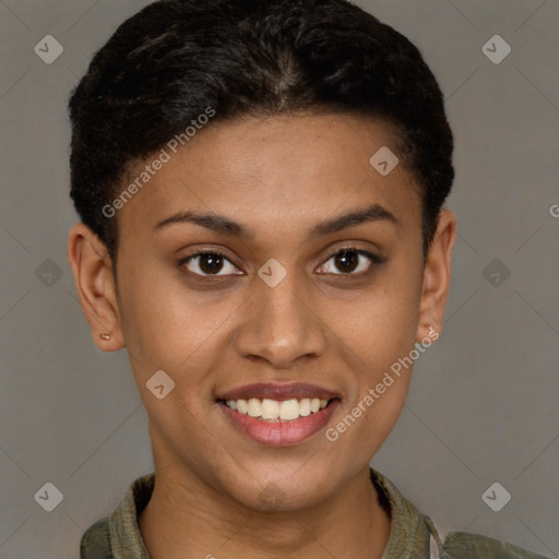 Joyful latino young-adult female with short  brown hair and brown eyes