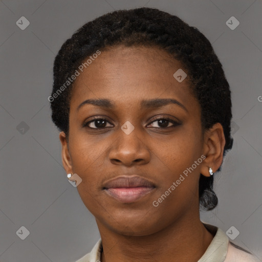 Neutral black young-adult female with short  black hair and brown eyes