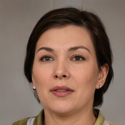 Joyful white adult female with medium  brown hair and brown eyes