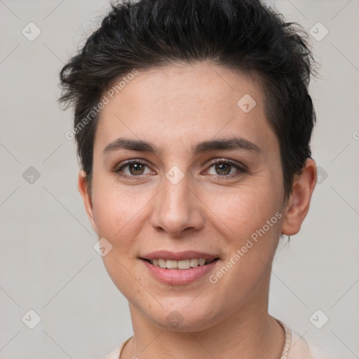 Joyful white young-adult female with short  brown hair and brown eyes