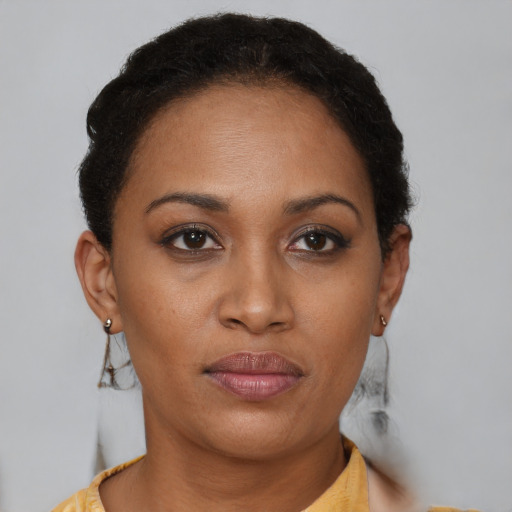 Neutral black young-adult female with short  brown hair and brown eyes