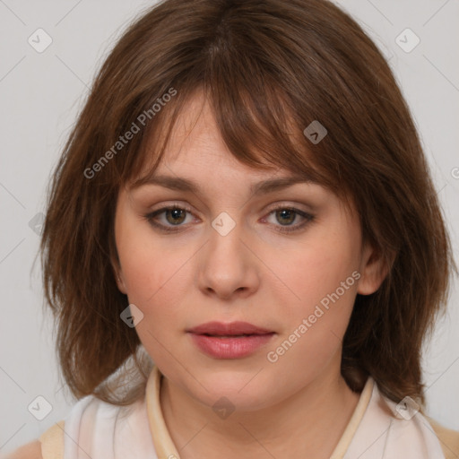 Neutral white young-adult female with medium  brown hair and brown eyes