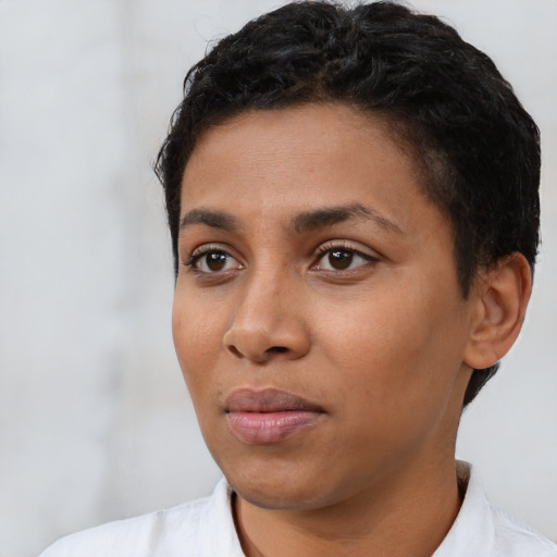 Neutral latino young-adult female with short  black hair and brown eyes