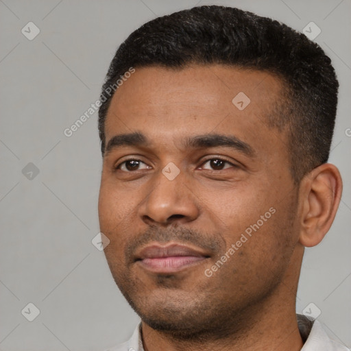 Neutral black young-adult male with short  black hair and brown eyes