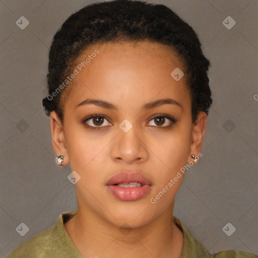 Neutral black young-adult female with short  brown hair and brown eyes