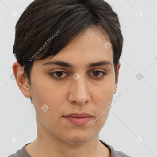 Neutral asian young-adult female with short  brown hair and brown eyes