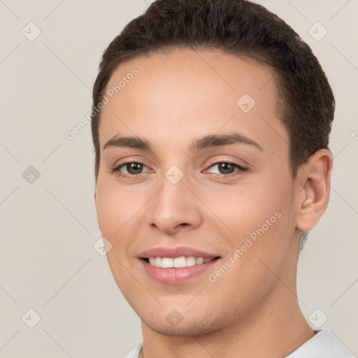 Joyful white young-adult female with short  brown hair and brown eyes