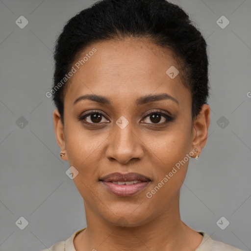Joyful latino young-adult female with short  black hair and brown eyes