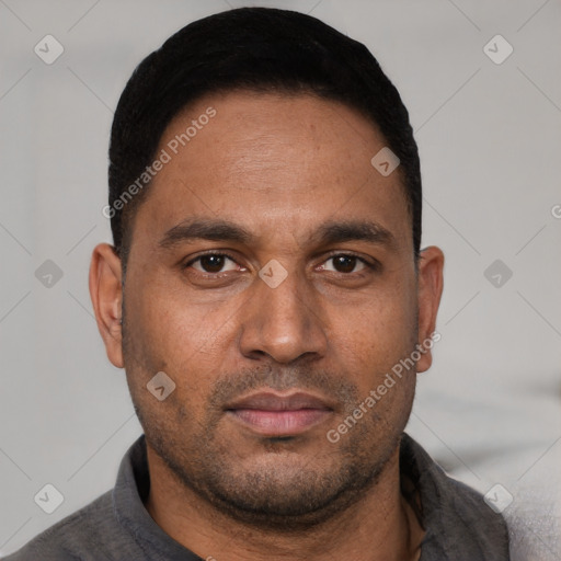 Neutral white young-adult male with short  black hair and brown eyes