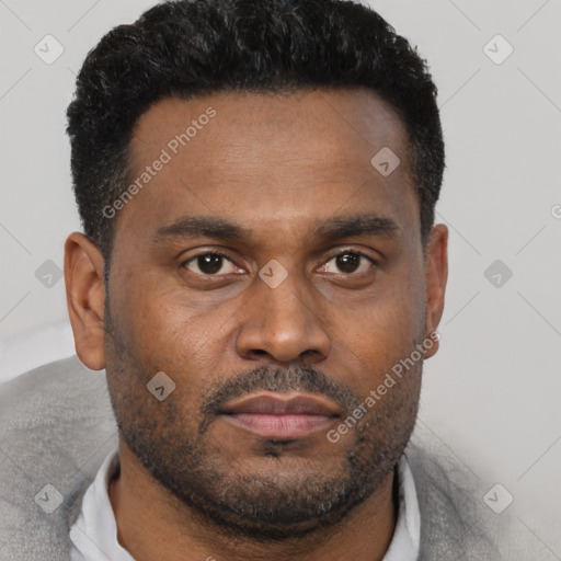 Neutral black young-adult male with short  black hair and brown eyes