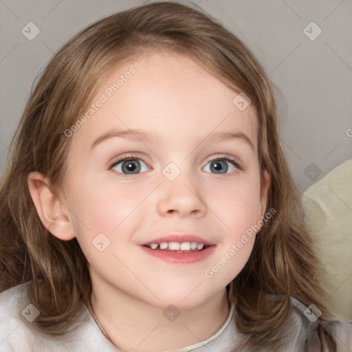 Joyful white child female with medium  brown hair and blue eyes