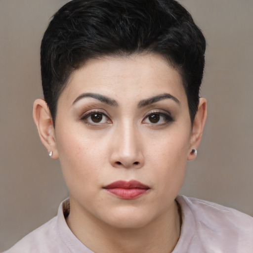 Neutral asian young-adult female with short  brown hair and brown eyes