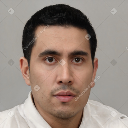 Neutral asian young-adult male with short  black hair and brown eyes