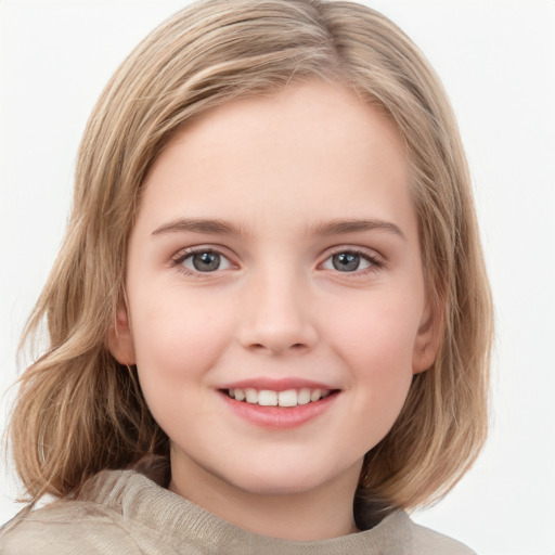 Joyful white child female with medium  brown hair and grey eyes