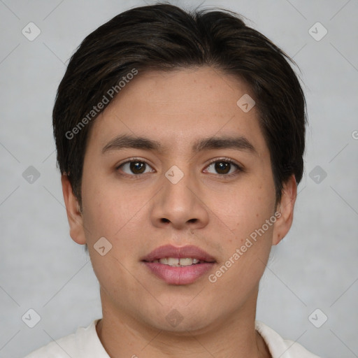 Joyful asian young-adult male with short  brown hair and brown eyes