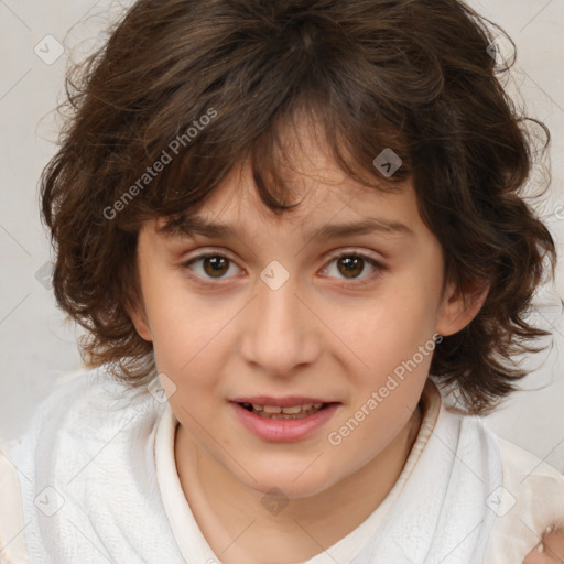 Joyful white child female with medium  brown hair and brown eyes