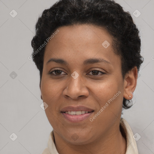 Joyful latino young-adult female with short  brown hair and brown eyes