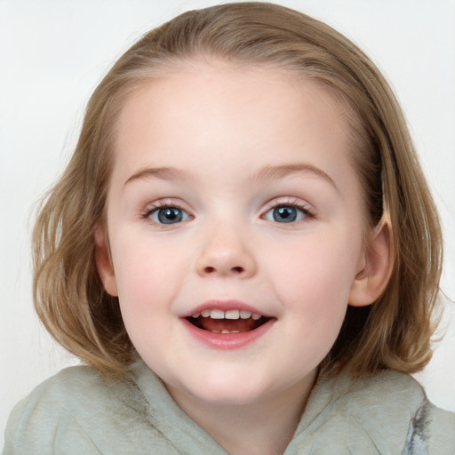 Joyful white child female with medium  brown hair and blue eyes