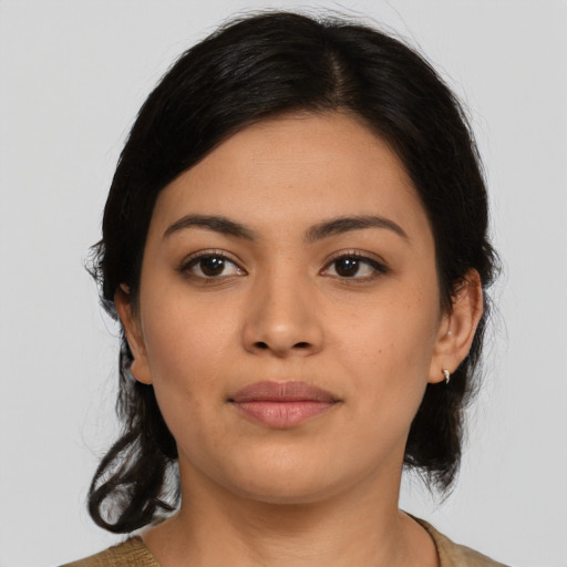 Neutral latino young-adult female with medium  black hair and brown eyes