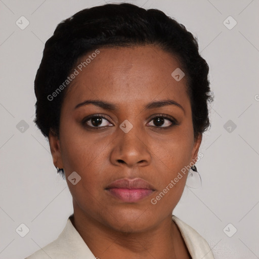 Neutral black young-adult female with short  black hair and brown eyes