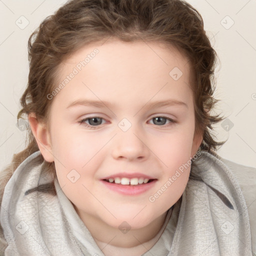 Joyful white child female with medium  brown hair and blue eyes