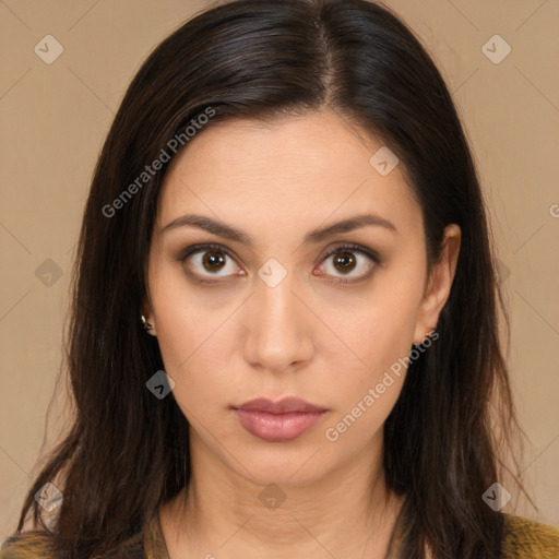 Neutral white young-adult female with long  brown hair and brown eyes