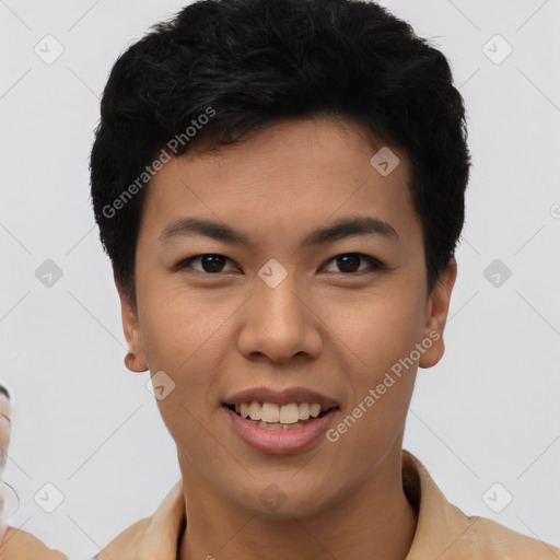Joyful asian young-adult female with short  black hair and brown eyes