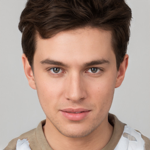 Neutral white young-adult male with short  brown hair and brown eyes