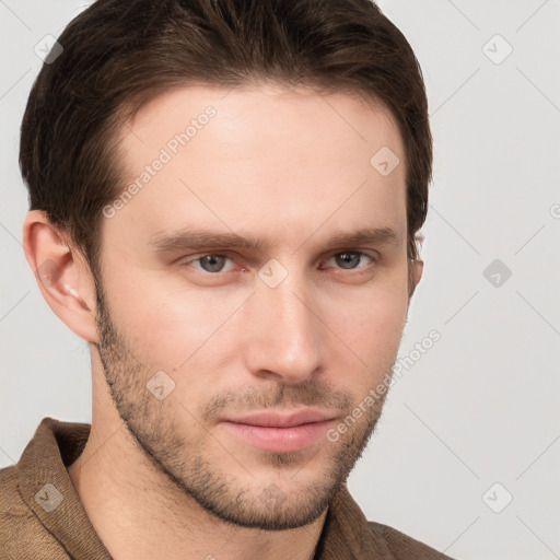 Neutral white young-adult male with short  brown hair and grey eyes