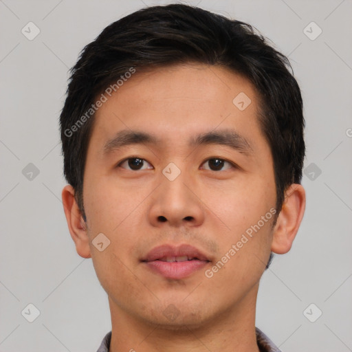 Neutral asian young-adult male with short  brown hair and brown eyes