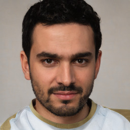 Neutral white young-adult male with short  black hair and brown eyes