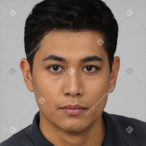 Neutral latino young-adult male with short  black hair and brown eyes