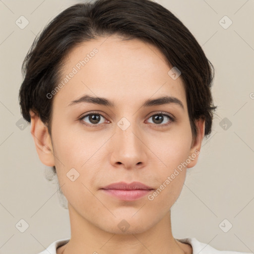 Neutral white young-adult female with short  brown hair and brown eyes