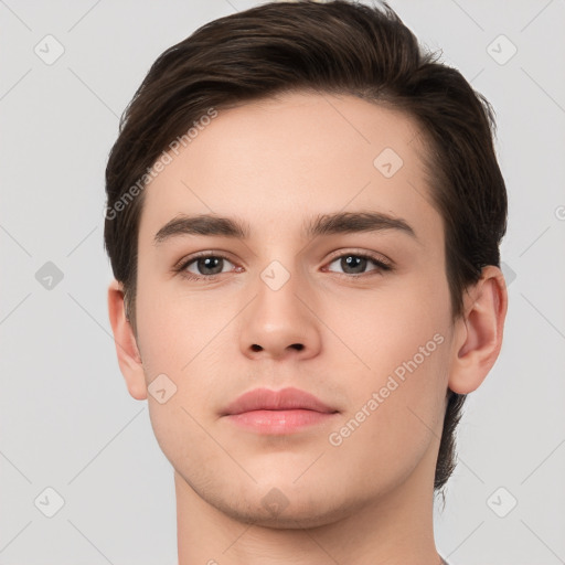 Neutral white young-adult male with short  brown hair and brown eyes