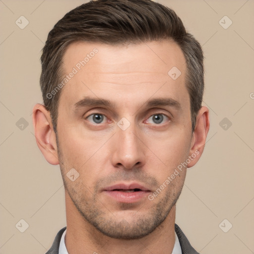 Neutral white adult male with short  brown hair and brown eyes