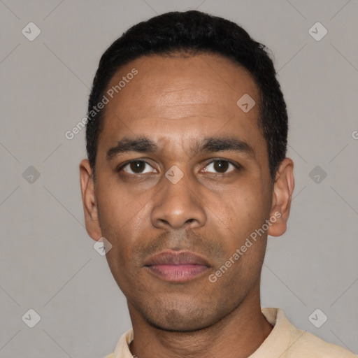 Neutral latino young-adult male with short  black hair and brown eyes