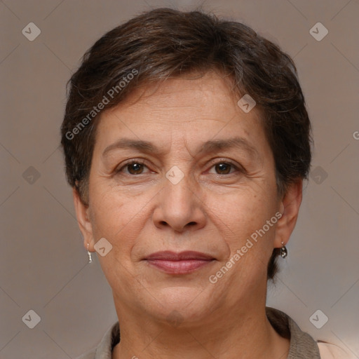 Joyful white adult female with short  brown hair and brown eyes