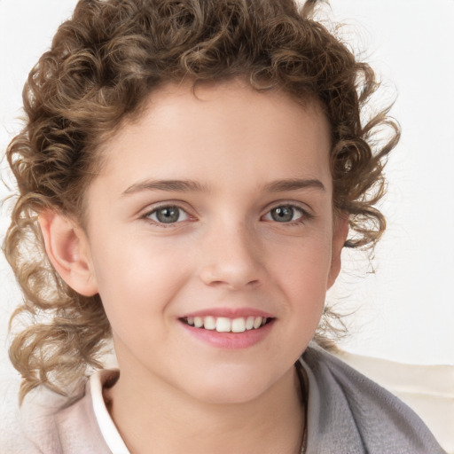 Joyful white child female with medium  brown hair and blue eyes